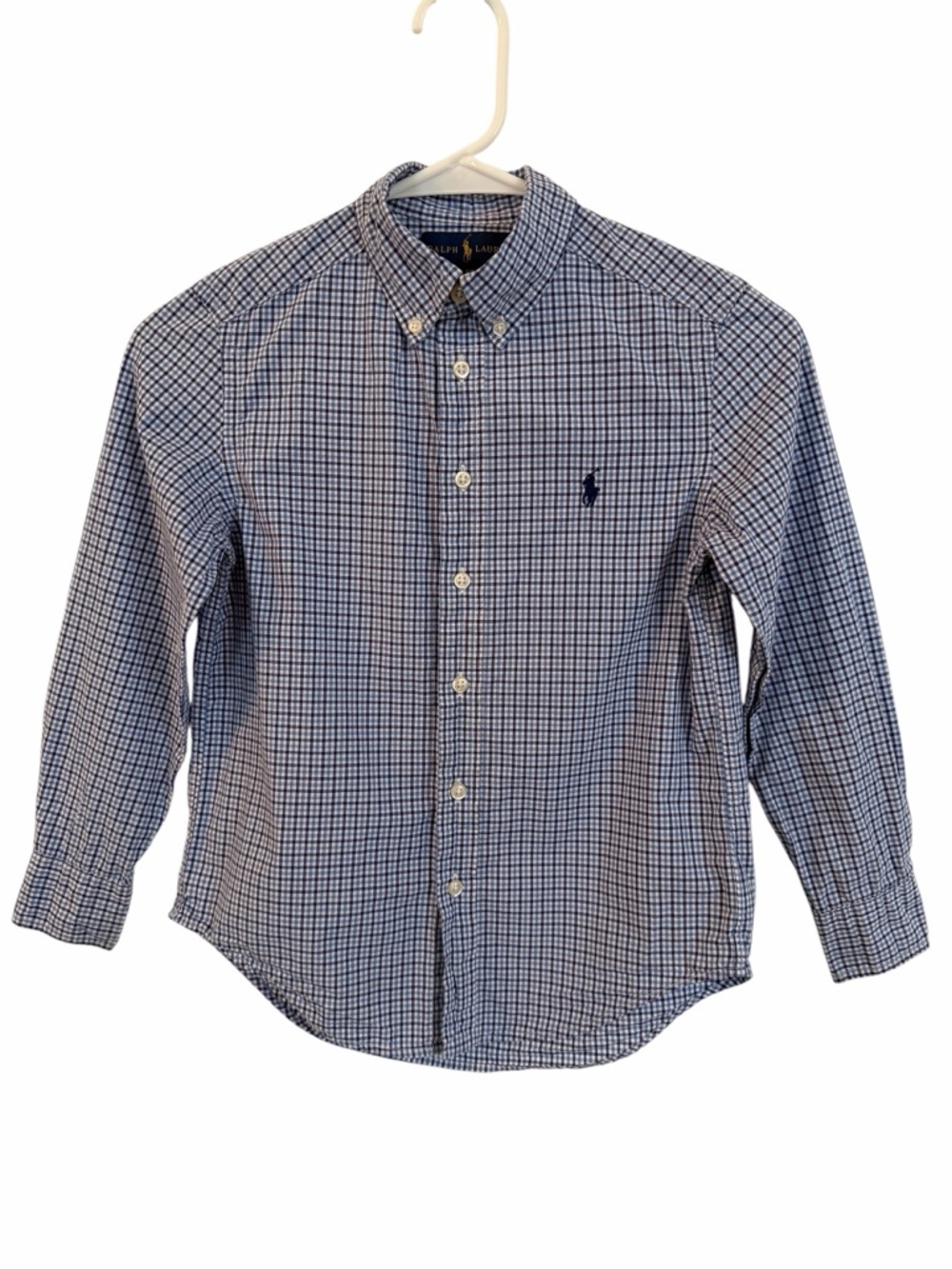 Ralph Lauren Shirt Boy Sz 8 Blue Plaid Cotton Button Down Long Slv Pony Preppy